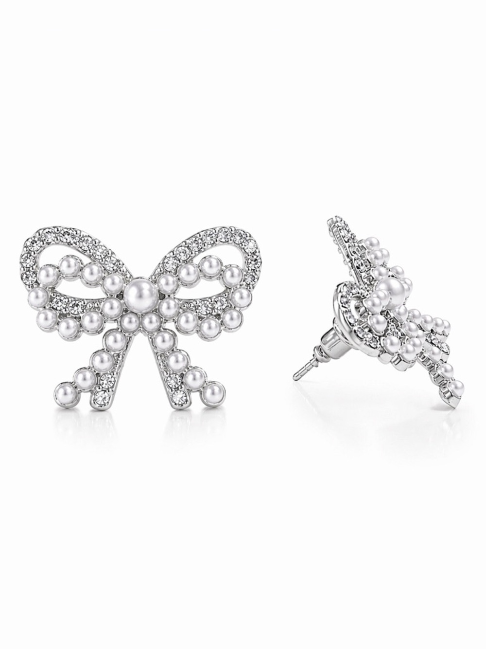 Silver Bow Stud Earrings CZ & Mini Pearl Accents 1” x 1”